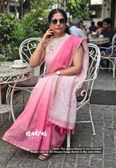 Blush Pink Ombre with Ivory Base - Linen Cotton Saree with Gradient Ombre tone and Floral Digital Prints - Perfect for Office Wear | Summer wear | Casual Wear