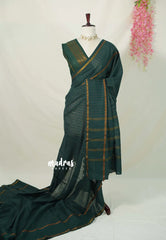 Bottle Green - Subbulakshmi - Sungudi 100 Count Saree zari Checks with Rettapetta Rudraksham Border with Blouse Combo - Best for Casual Wear | Summer Wear | School | College | Office wear