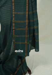 Bottle Green - Subbulakshmi - Sungudi 100 Count Saree zari Checks with Rettapetta Rudraksham Border with Blouse Combo - Best for Casual Wear | Summer Wear | School | College | Office wear