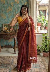 Brick Brown - Subbulakshmi - Sungudi 100 Count Plain Saree with Rettapetta Peacock Border with Blouse Combo - Best for Casual Wear | Summer Wear | School | College | Office wear