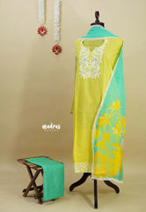Amitha – Lime Yellow Chanderi silk salwar suit with digital printed dupatta cotton bottom