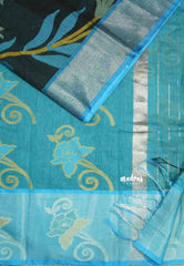 Black with blue - Chandrika - Ikkat Pochampally Silk cotton with Tissue border