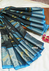 Black with blue - Chandrika - Ikkat Pochampally Silk cotton with Tissue border