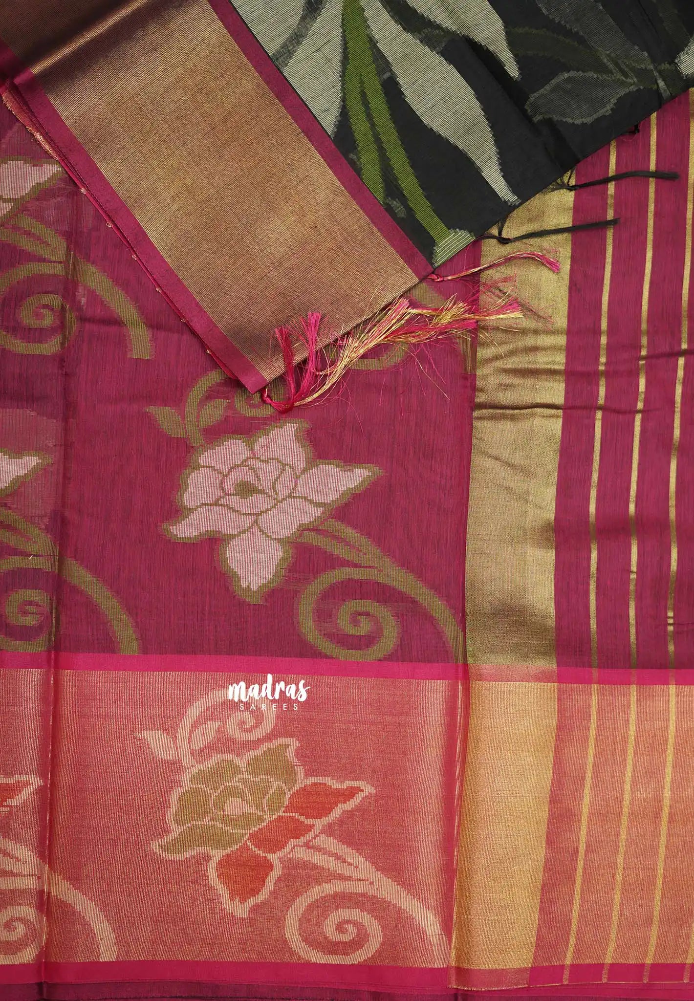 Chandrika - Ikkat Pochampally Silk cotton with Tissue border - Black - Madras Sarees