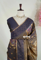 Dual Shade Olive Grey - Chandrika - Ikkat Pochampally Soft Silk with Zari Weaving Buttas and Rich Pallu - Perfect for Diwali Festive | Celebrations