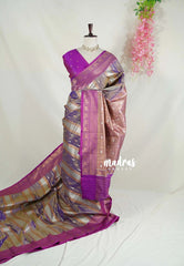 Dual Shade Purple with Silver - Chandrika - Ikkat Pochampally Soft Silk with Multi Line, Peacock Buttas and Rich Pallu - Perfect for Diwali Festive | Celebrations
