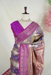 Dual Shade Purple with Silver - Chandrika - Ikkat Pochampally Soft Silk with Multi Line, Peacock Buttas and Rich Pallu - Perfect for Diwali Festive | Celebrations