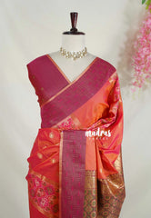 Dual Shade Coral Orange - Chandrika - Ikkat Pochampally Soft Silk with Zari Weaving Buttas and Rich Pallu - Perfect for Diwali Festive | Celebrations