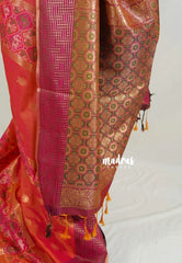 Dual Shade Coral Orange - Chandrika - Ikkat Pochampally Soft Silk with Zari Weaving Buttas and Rich Pallu - Perfect for Diwali Festive | Celebrations