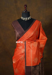 Chithiram – Sindoor Orange in Soft Paper Silk | Intricate Kolam Prints | Statement Contrast Pallu & Blouse | Effortless Casual Style