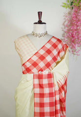 Creamy Butter - Chitraleka - Semi Tussar Silk with Checks Border | Perfect for Small Functions
