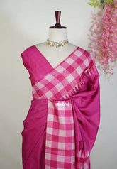 Magenta Pink - Chitraleka - Semi Tussar Silk with Checks Border | Perfect for Small Functions