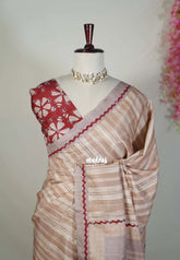 Biscut Beige Brown - Chitraleka - Semi Tussar Silk with Hand Stitched Ajrakh Patchwork | Perfect for Small Functions