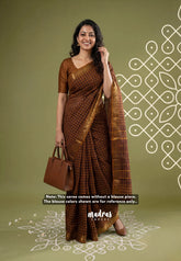 Mustard and Brown - Classic Kanchi Cotton Kandangi Checks Rundraksham, Annam Zari Border without Blouse - Best for Temple Visit