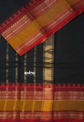 Black - Classic Kanchi cotton Saree Plain body with Rettapetta & Temple Border - Best for Temple Visit