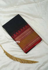 Black - Classic Kanchi cotton Saree Plain body with Rettapetta & Temple Border - Best for Temple Visit