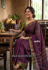 Mulberry Purple - Classic Kanchi chettinad Cotton Kandangi Checks with Thread Weaving Border without Blouse - Best for Temple Visit