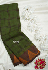 Verdant Green - Classic Kanchi Chettinad Cotton Kandangi Checks with Temple Weaving Border without Blouse - Best for Temple Visit