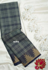 Greyish Blue - Classic Kanchi Chettinad Cotton Kandangi Checks with Temple Weaving Border without Blouse - Best for Temple Visit