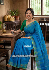 Dodger Blue - Classic Kanchi chettinad Cotton Kandangi Checks with Thread Weaving Border without Blouse - Best for Temple Visit