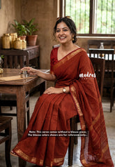 Brick Maroon - Classic Kanchi Cotton Kandangi Checks with Floral Zari Border without Blouse - Best for Temple Visit