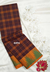 Coffee Brown - Classic Kanchi Chettinad Cotton Kandangi Checks with Temple Weaving Border without Blouse - Best for Temple Visit