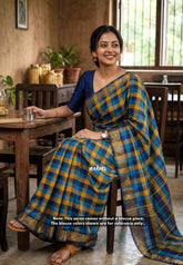 Yellow, Blue and Midnight Blue - Classic Kanchi Cotton Paalum Pazhamum kandangi Kattam Zari Border without Blouse - Best for Temple Visit