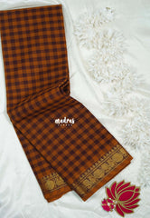 Mustard and Brown - Classic Kanchi Cotton Kandangi Checks Rundraksham, Annam Zari Border without Blouse - Best for Temple Visit