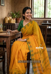 Mango Yellow - Classic Kanchi chettinad Cotton Kandangi Checks with Thread Weaving Border without Blouse - Best for Temple Visit