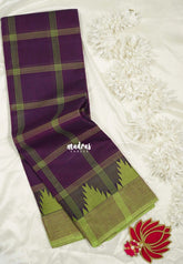 Jamun Purple - Classic Kanchi Chettinad Cotton Kandangi Big Checks with Temple Weaving Border without Blouse - Best for Temple Visit