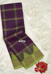 Jamun Purple - Classic Kanchi Chettinad Cotton Kandangi Big Checks with Temple Weaving Border without Blouse - Best for Temple Visit
