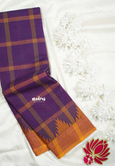 Royal Purple - Classic Kanchi Chettinad Cotton Kandangi Big Checks with Temple Weaving Border without Blouse - Best for Temple Visit