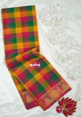 Yellowish Orange, Green and Pink - Classic Kanchi Cotton Paalum Pazhamum Madras checks with Ruddraksham and Temple Border without Blouse - Best for Temple Visit