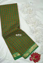 Green with Orange - Classic Kanchi Cotton Kandangi Checks Floral Zari Border without Blouse - Best for Temple Visit