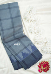 Bluish Grey - Classic Kanchi Chettinad Cotton Kandangi Big Checks with Temple Weaving Border without Blouse - Best for Temple Visit