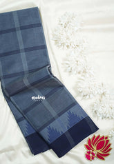 Blue with Grey - Classic Kanchi Chettinad Cotton Kandangi Big Checks with Temple Weaving Border without Blouse - Best for Temple Visit