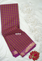 Magenta and Green - Classic Kanchi Cotton Kandangi Checks Zari Border without Blouse - Best for Temple Visit