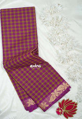 Magenta and Green - Classic Kanchi Cotton Kandangi Checks Zari Border without Blouse - Best for Temple Visit