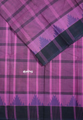 Magenta Pink - Classic Kanchi Chettinad Cotton Kandangi Big Checks with Temple Weaving Border without Blouse - Best for Temple Visit