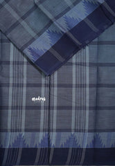 Blue with Grey - Classic Kanchi Chettinad Cotton Kandangi Big Checks with Temple Weaving Border without Blouse - Best for Temple Visit