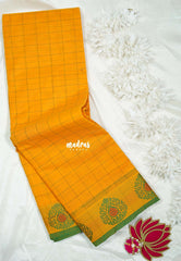 Mango Yellow - Classic Kanchi chettinad Cotton Kandangi Checks with Thread Weaving Border without Blouse - Best for Temple Visit