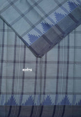 Bluish Grey - Classic Kanchi Chettinad Cotton Kandangi Big Checks with Temple Weaving Border without Blouse - Best for Temple Visit