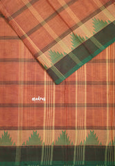 Rust Peach - Classic Kanchi Chettinad Cotton Kandangi Big Checks with Temple Weaving Border without Blouse - Best for Temple Visit
