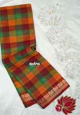 Yellowish Orange, Green and Brick Red - Classic Kanchi Cotton Paalum Pazhamum Madras checks with Annam Border without Blouse - Best for Temple Visit