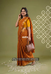 Yellowish Orange with Maroon - Classic Kanchi Cotton Kandangi Checks with Zari Border without Blouse - Best for Temple Visit