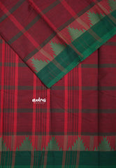 Reddish Maroon - Classic Kanchi Chettinad Cotton Kandangi Big Checks with Temple Weaving Border without Blouse - Best for Temple Visit