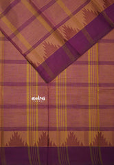 Dual Shade Mustard and Purple - Classic Kanchi Chettinad Cotton Kandangi Big Checks with Temple Weaving Border without Blouse - Best for Temple Visit