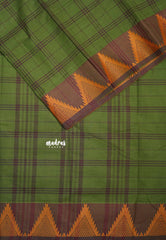 Verdant Green - Classic Kanchi Chettinad Cotton Kandangi Checks with Temple Weaving Border without Blouse - Best for Temple Visit