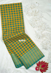 Green with Yellowish Orange - Classic Kanchi Cotton Kandangi Checks Zari Border without Blouse - Best for Temple Visit