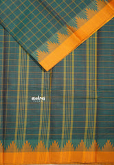 Dark Green - Classic Kanchi Chettinad Cotton Kandangi Checks with Temple Weaving Border without Blouse - Best for Temple Visit
